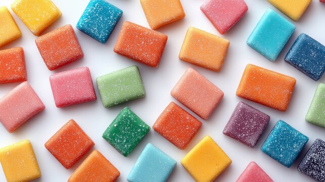 Overhead shot of various colorful square candies scattered on a white surface. The candies are in shades of yellow, orange, pink, green, blue, and purple.