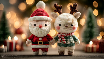 Cute little santa and reindeer crochet figurines with christmas decoration background
