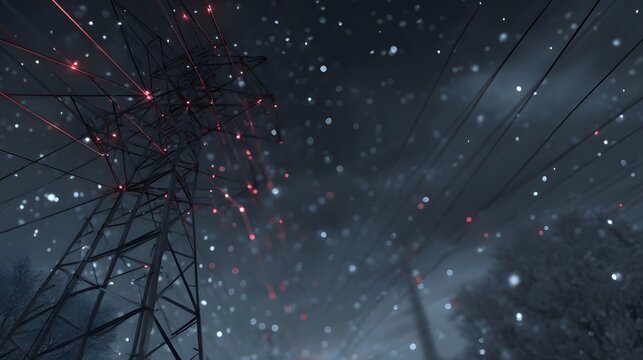 A futuristic industrial power pylon stands tall against a dark snowy night sky with glowing red energy lines connecting its structure and spreading