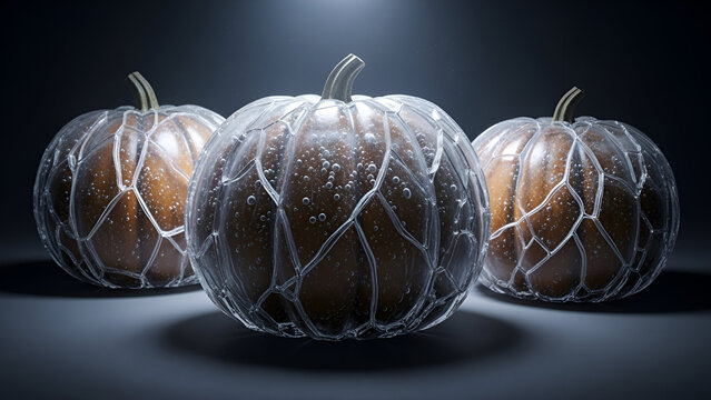Three translucent pumpkins with a crystalline outer layer illuminated for Halloween
