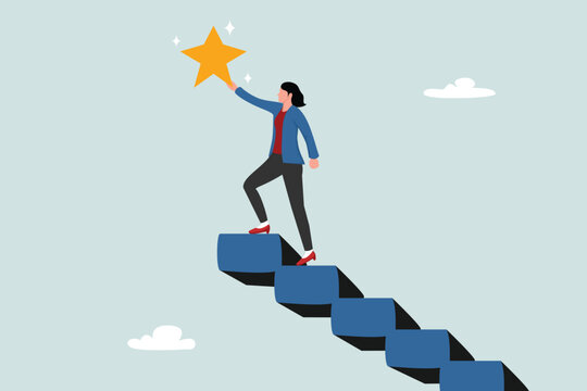 Hoping for success in business, achieving or achieving business goals, the concept of rewards and motivation, women entrepreneurs climb the ladder to the top to achieve the precious star prize.