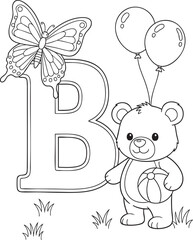 Letter b coloring page with butterfly, teddy bear holding beach ball, and balloons on grass