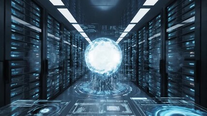 Futuristic digital data center server room with advanced technology featuring blue hologram interface, glowing data streams, virtual screens, and high speed digital network connection - Powered by Adobe