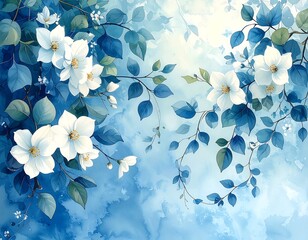 Watercolor illustration of white blossoms and blue foliage