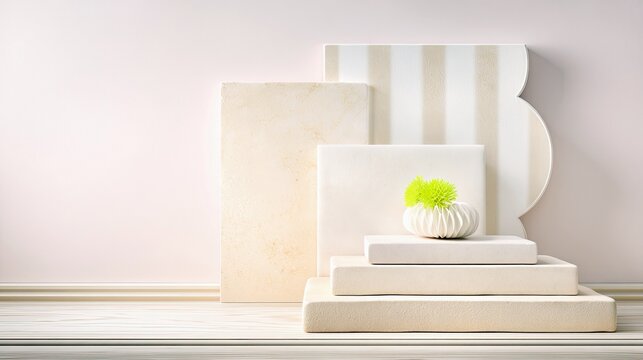 An abstract composition featuring geometric shapes, a floral arrangement, and soft lighting, creating a minimalist and modern aesthetic.