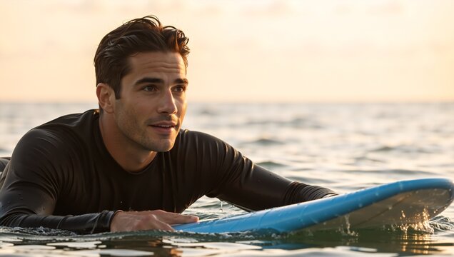 A young man in a wetsuit lies on a blue surfboard in calm water at sunset, enjoying the moment by the sea with an attentive look ahead