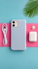 A smartphone with a blue case, charging cable, wireless earbuds, a starfish, and a palm leaf arranged on a vibrant pink and blue background.