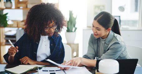 Team, document and discussion with business women for brand proposal, idea or advertising notes. Paper, planning and meeting for strategy, pointing or campaign review with decision in creative office