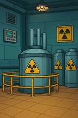 Cartoon nuclear reactor with monitoring system in power plant room