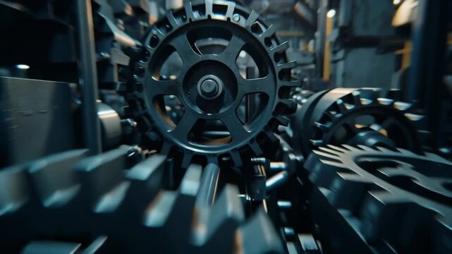Dynamic close-up of intricate metallic gears and cogs working in seamless synchronization, highlighting precision engineering and the continuous motion within complex industrial machinery