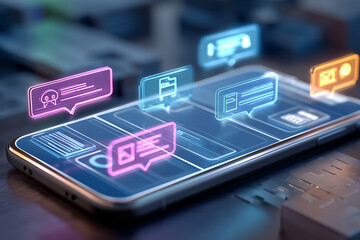 AI-powered procurement system concept with chatbot and digital invoice icons on mobile device, representing automation in B2B purchasing and mobile supply chain management solutions