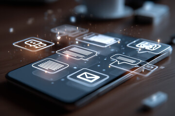 AI-powered procurement system concept with chatbot and digital invoice icons on mobile device, representing automation in B2B purchasing and mobile supply chain management solutions