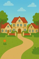 Charming cartoon house with inviting yard and peaceful blue sky