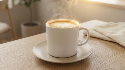 Steaming hot coffee with heart latte art on a wooden table