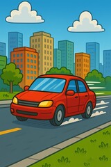Cartoon red car driving through city street in vibrant urban landscape