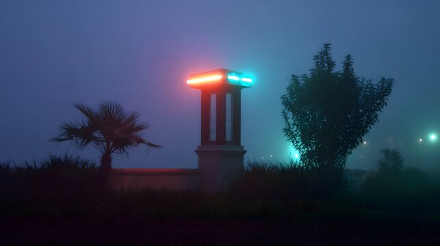 Neon lights glow in a foggy twilight scene with tropical plants and a modern structure - Powered by Adobe