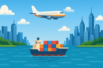 Global cargo shipping with airplane and container ship on open water