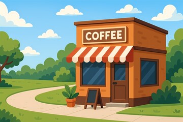 Quaint coffee shop cartoon illustration with peaceful outdoor setting