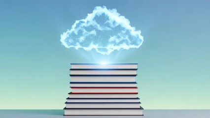 Cloud Computing And Knowledge Management Concept With Stack Of Books
