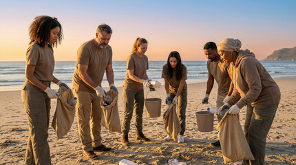 Diverse group of volunteers cleaning up beach at sunset