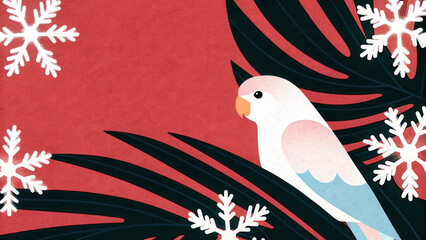 Tropical Christmas parrot illustration. Colorful illustration featuring a parrot amidst tropical leaves and snowflakes on a vibrant background.