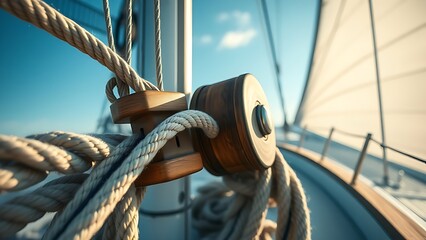 aperture. Sailboat ropes pulled taut by wind with a wooden pulley in dramatic light. mobility guides, transit brochures, designed for transport & logistics marketing, supports logistics messaging.