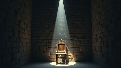 affiliation. Stone-walled room with a single beam of light illuminating a wooden chair, dramatic shadows. real-estate listings.