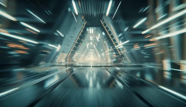 Dynamic view of a high-speed journey through a futuristic sci-fi tunnel with glowing neon lights and a sense of infinite motion