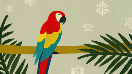 Tropical Christmas parrot illustration. Colorful parrot perched on a branch surrounded by stylized foliage and snowflakes.