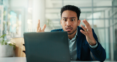 Reading, shocked and man with laptop, office and frustrated with financial loss and investment...