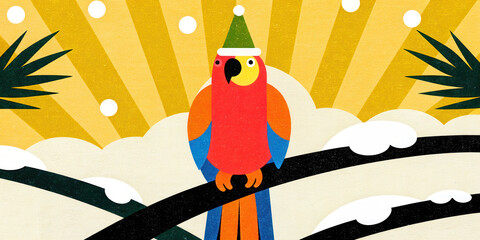 Tropical Christmas parrot illustration. Colorful parrot in a festive hat against a vibrant, sunny backdrop with clouds and greenery.