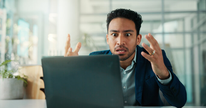 Reading, shocked and man with laptop, office and frustrated with financial loss and investment fail. Review, digital report or stock market crash on website, surprise and person with tech in business