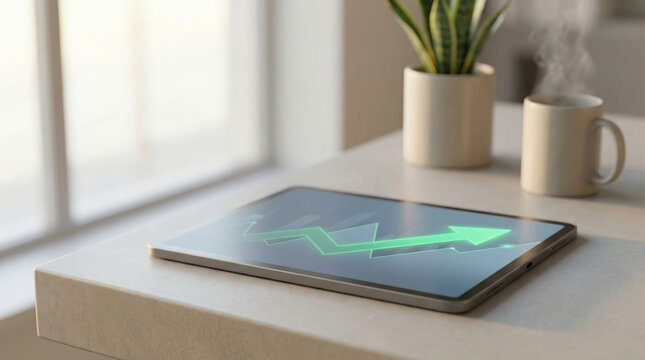 Digital tablet displaying growth graph with coffee and plant