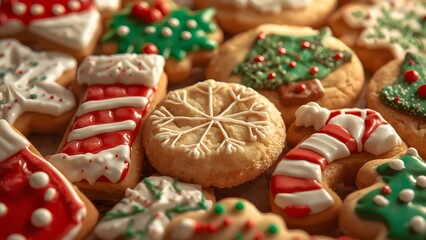 Festive holiday baked goods, an assortment of decorated christmas cookies