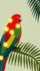 Tropical Christmas parrot illustration. Colorful parrot perched on a leafy branch, featuring a vibrant design.