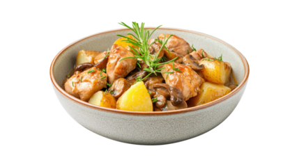 A bowl of food with meat and potatoes