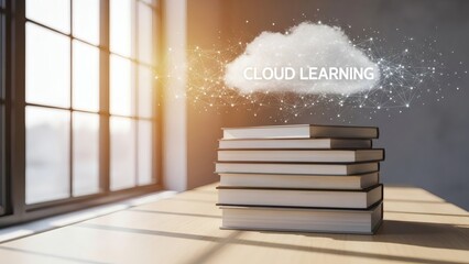 Cloud Learning Concept Stack Of Books Near Window Background