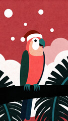 Tropical Christmas parrot illustration. A colorful parrot wearing a Santa hat against a festive background with leaves and decorative elements.