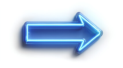 Bright blue neon arrow pointer pointing left with glowing light effect on white background. 