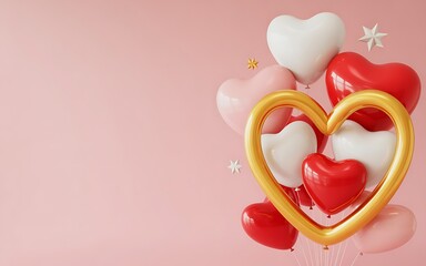 Assortment of Heart- Shaped Balloons and Gold Heart Frame on Pink Background valentine valentines day