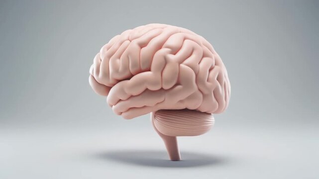Realistic 3D rendering of a human brain rotating slowly on a clean, seamless light gray background symbolizing intelligence thought memory cognition and consciousness powerful visual for education