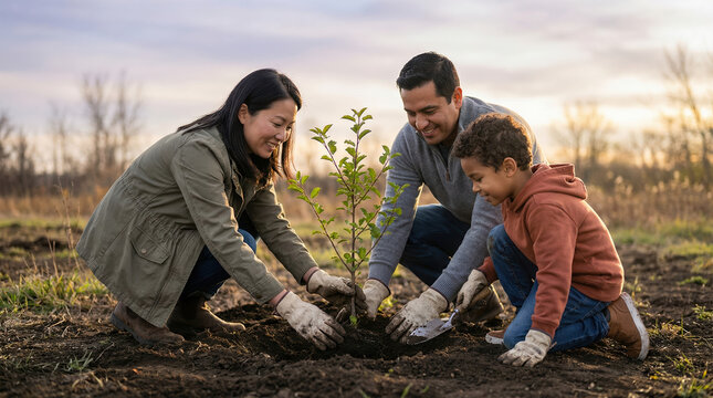 Happy family planting a small tree together outdoors