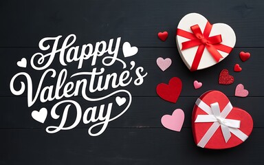Happy Valentine's Day Text with Heart- Shaped Gift Boxes and Decorations on Dark Wood love