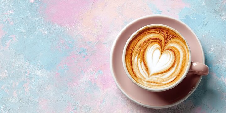 Heart Latte Art Coffee on Pastel Background
