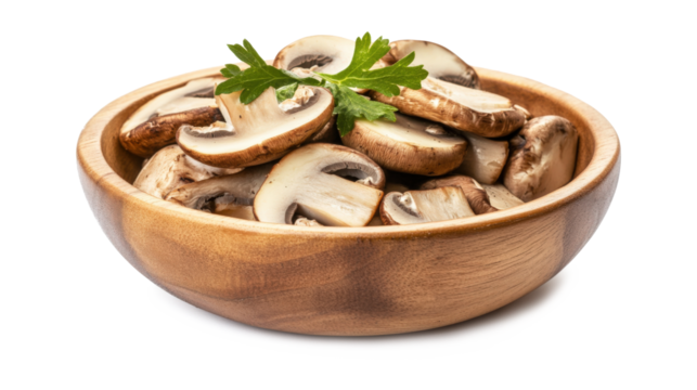A bowl of mushrooms with a green leaf - Powered by Adobe