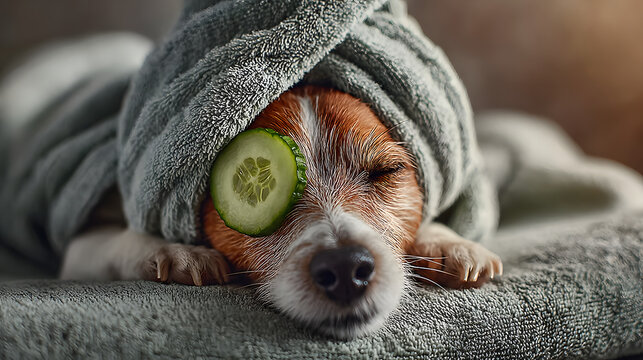 A dog with a cucumber eye mask and a towel on his head relaxes during a spa treatment. Pampered canine enjoys a refreshing facial treatment a tranquil moment of self care.