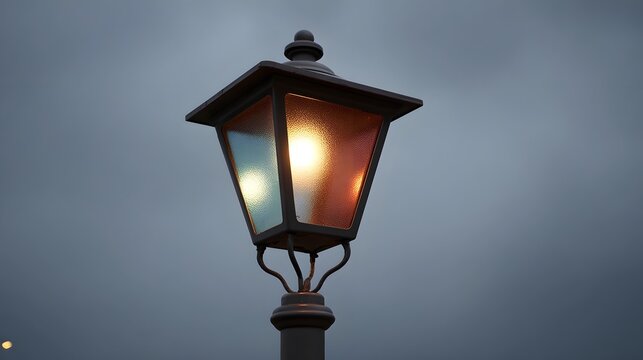A vintage ornate lamppost with glowing colored glass panels illuminates the twilight sky