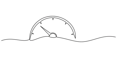 Continuous one line drawing of speedometer. Minimal speedometer silhouette in abstract linear style. Simple one line vector illustration for automotive or dashboard design.