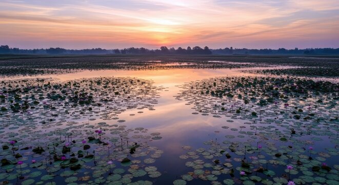 A tranquil landscape featuring a lake covered in lotus flowers, reflecting the colors of a sunrise sky, creating a serene and peaceful atmosphere. - Powered by Adobe