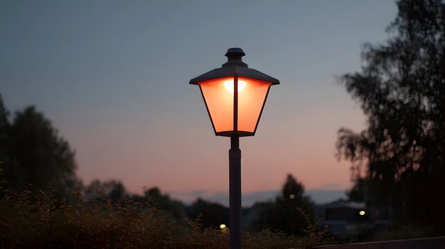 A solitary lamppost glows with warm orange light against the dusky twilight sky